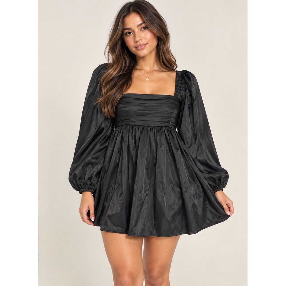 Abercrombie Emerson Satin Mini Dress Black Long Sleeve Babydoll Pleated MT Tall